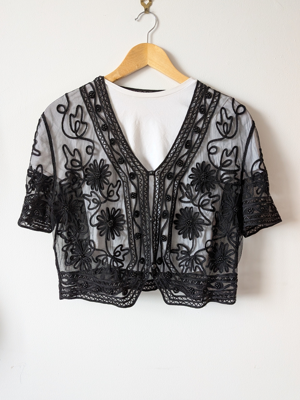 Black Floral Embroidered Sheer Overlay Shrug with Beading